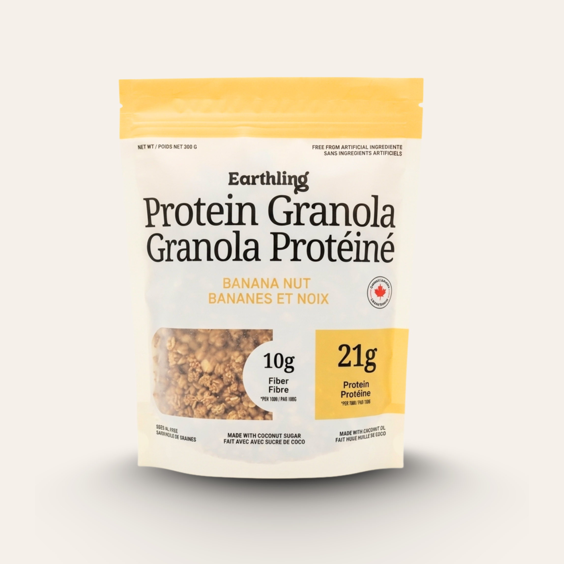 Earthling Protein Granola packaging with banana nut flavor on a white background