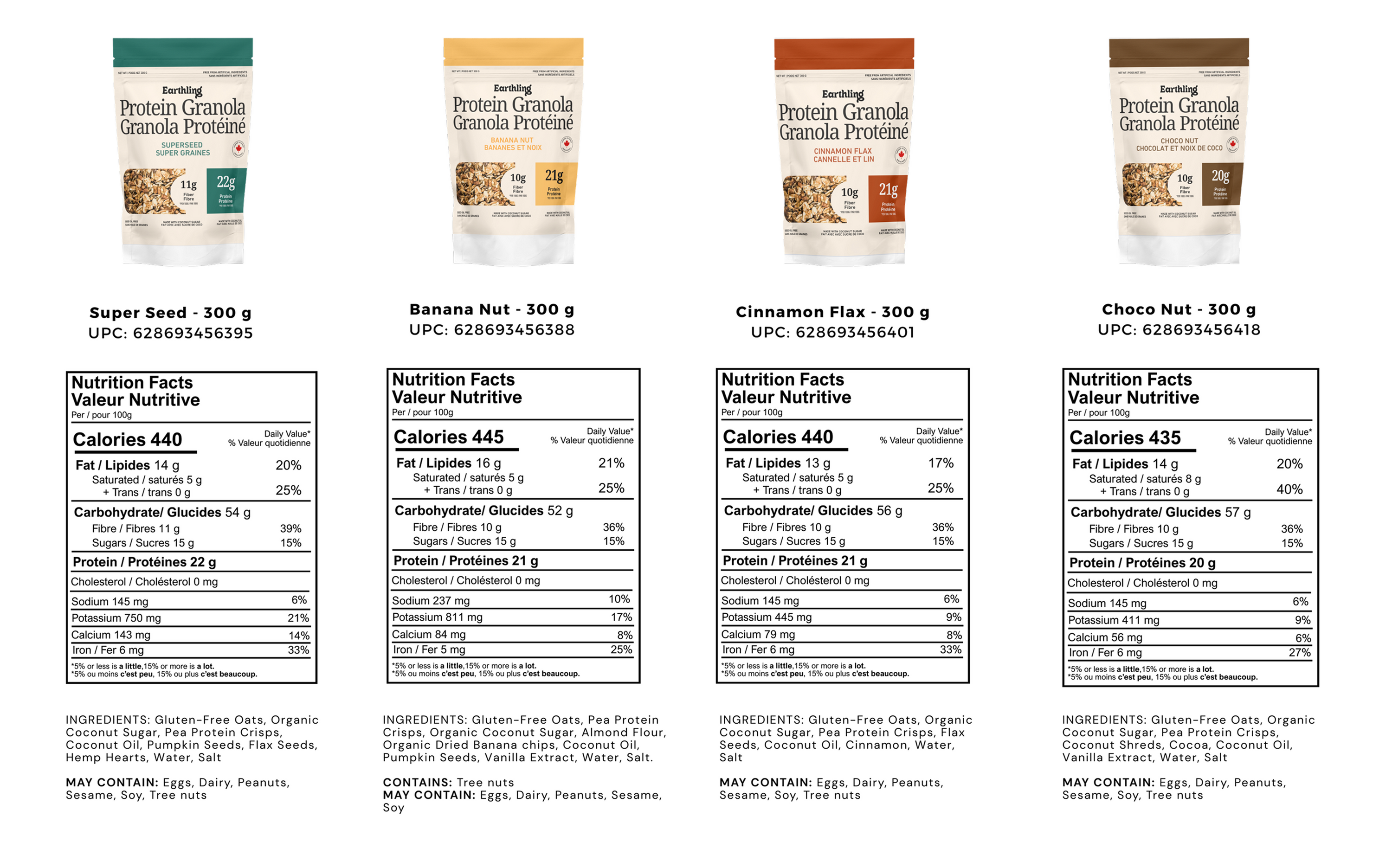 Protein granola bar packaging with various flavors and nutrition labels on a white background.